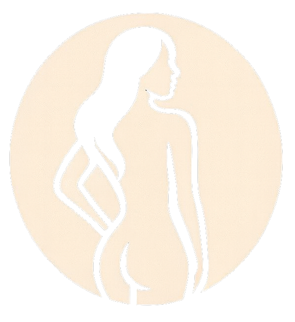 Silhouette einer Frau mit langen Haaren, abgewandt, in einem pfirsichfarbenen Kreis.