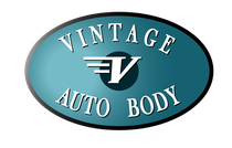 Logo for Vintage Auto Body: Teal oval with white text and a stylized "V" inside a circle.