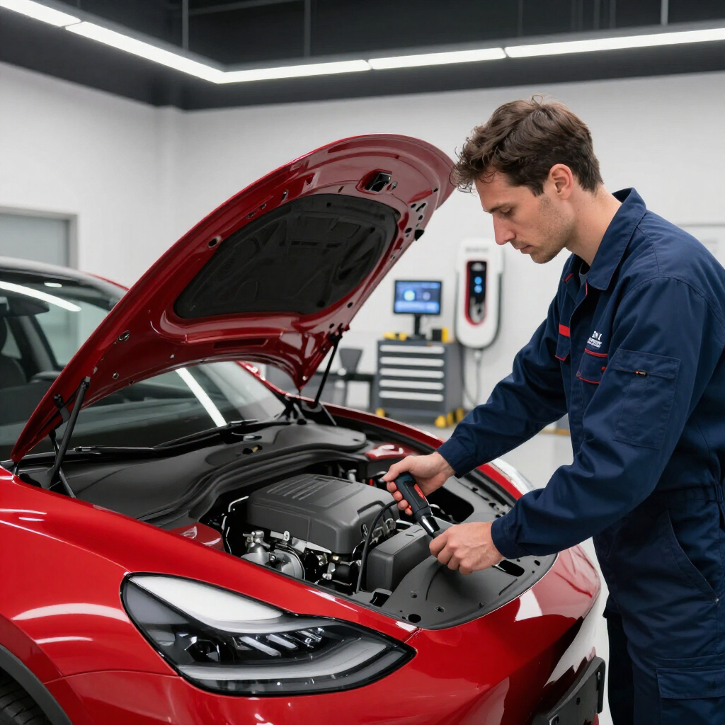 A technician services a red car with its hood open in a modern auto workshop.