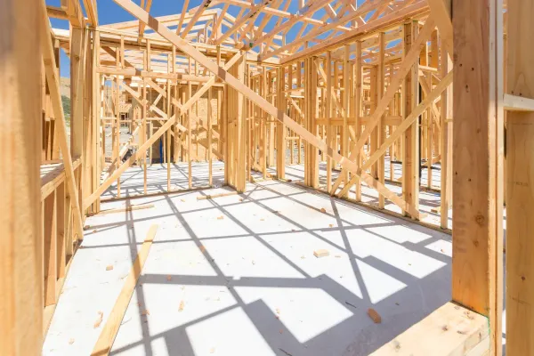 Interior of a house under construction with wooden framing and bright sunlight casting shadows on the concrete floor