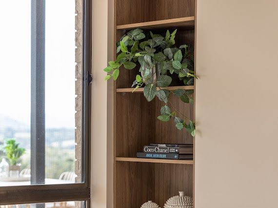 Built-in Wooden Shelving Unit With Artificial Plant and Books Next to a Window — Flow Kitchens in Taree South, NSW