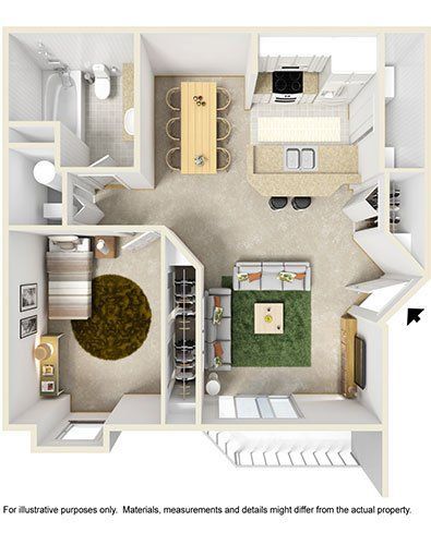 A 3d floor plan of a house with a bedroom , living room , dining room , and kitchen.
