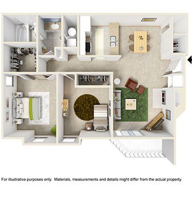 A 3d floor plan of a house with a bedroom , living room , dining room , and bathroom.