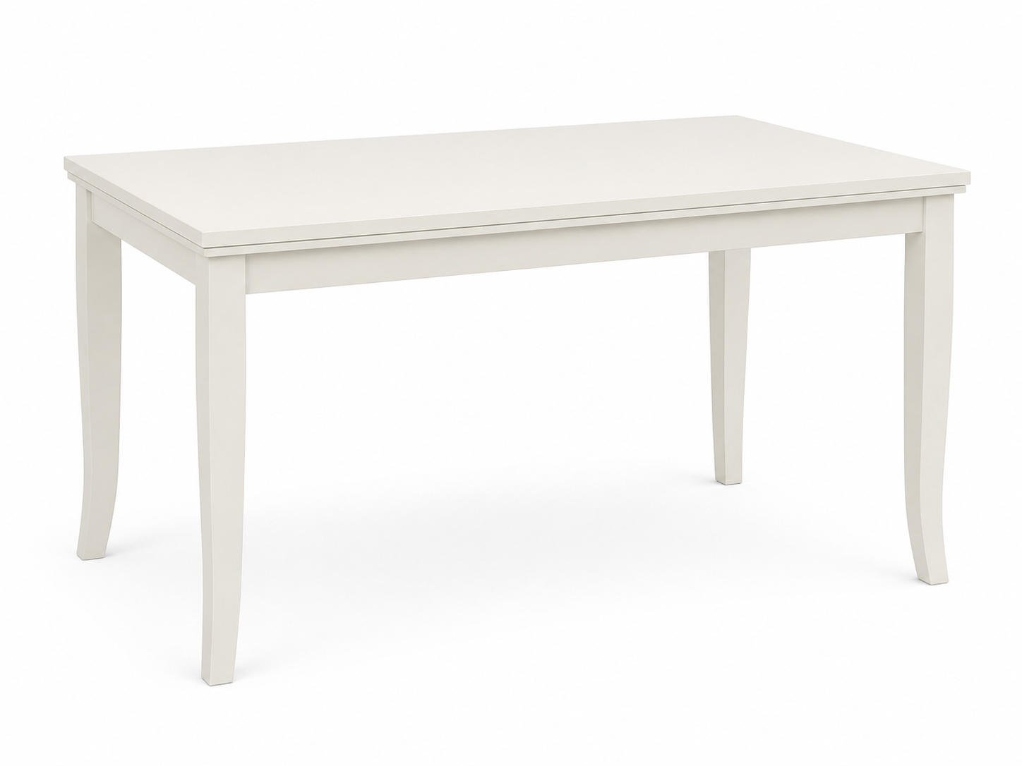 Tavolo da pranzo rettangolare bianco con gambe intagliate e finiture decorative su sfondo liscio.