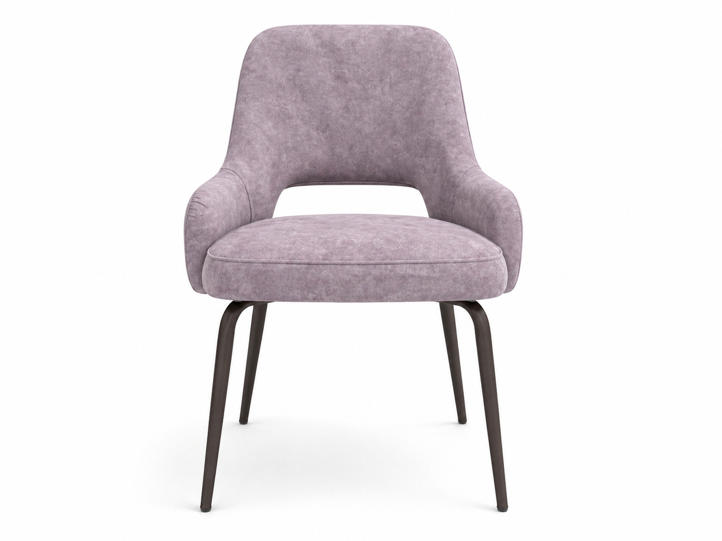 Poltrona moderna imbottita con gambe in metallo scuro su sfondo bianco.