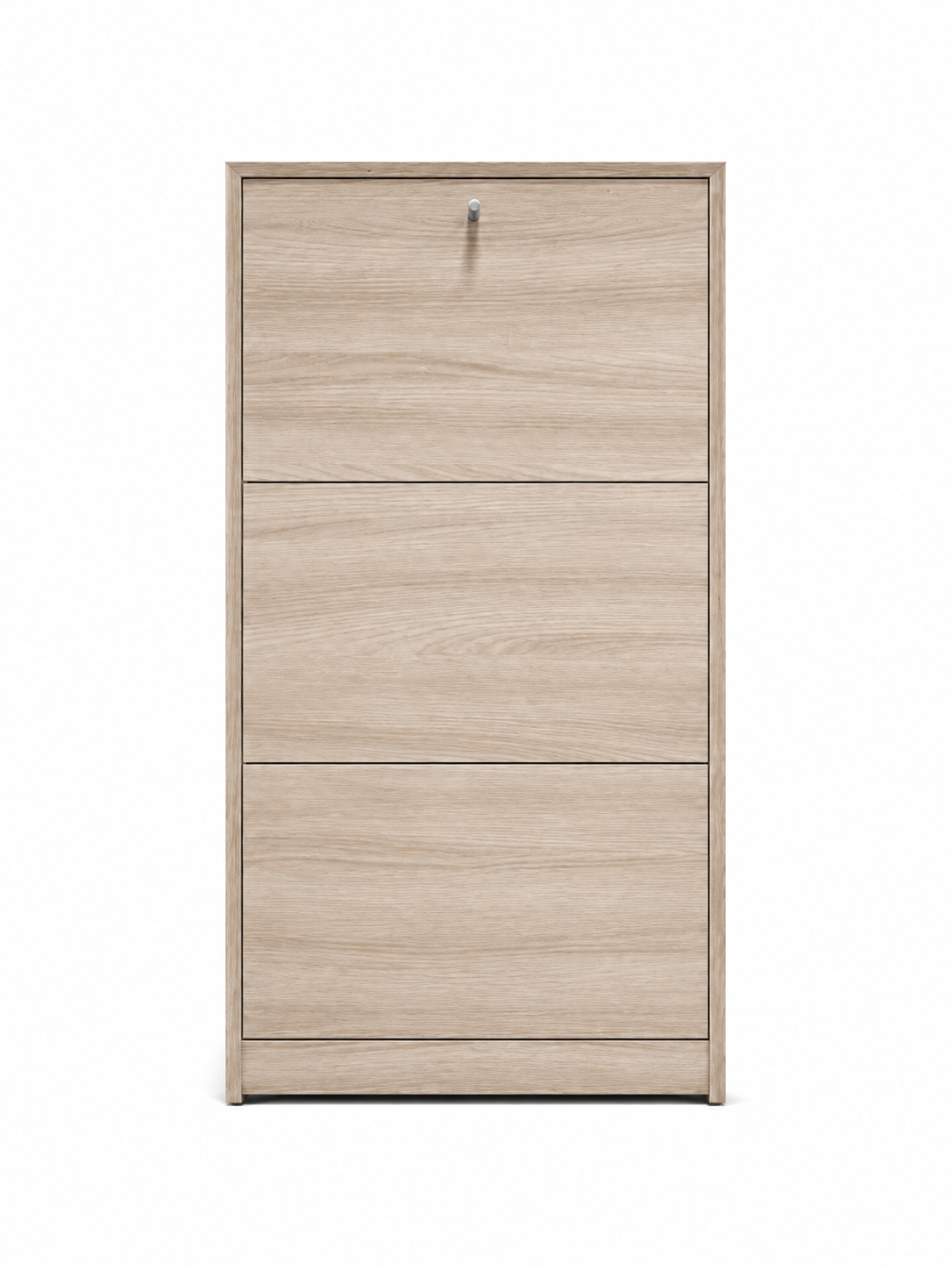 Mobiletto a tre cassetti in legno chiaro con piccola maniglia superiore, vista frontale su sfondo bianco.