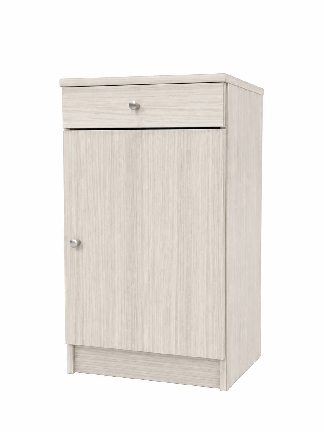 Mobiletto in legno chiaro con cassetto superiore e anta inferiore, mostrato su sfondo bianco.