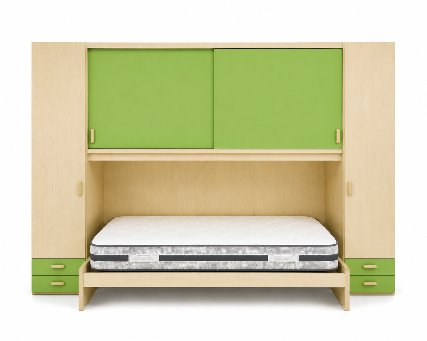 Letto a scomparsa moderno in legno con pensili verdi e materasso bianco integrato nella struttura.