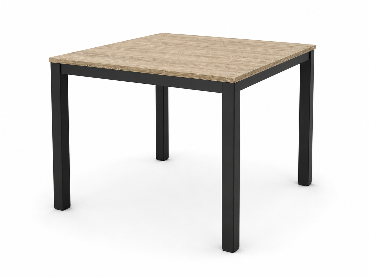 Tavolo quadrato con gambe nere e piano intrecciato beige su sfondo bianco.