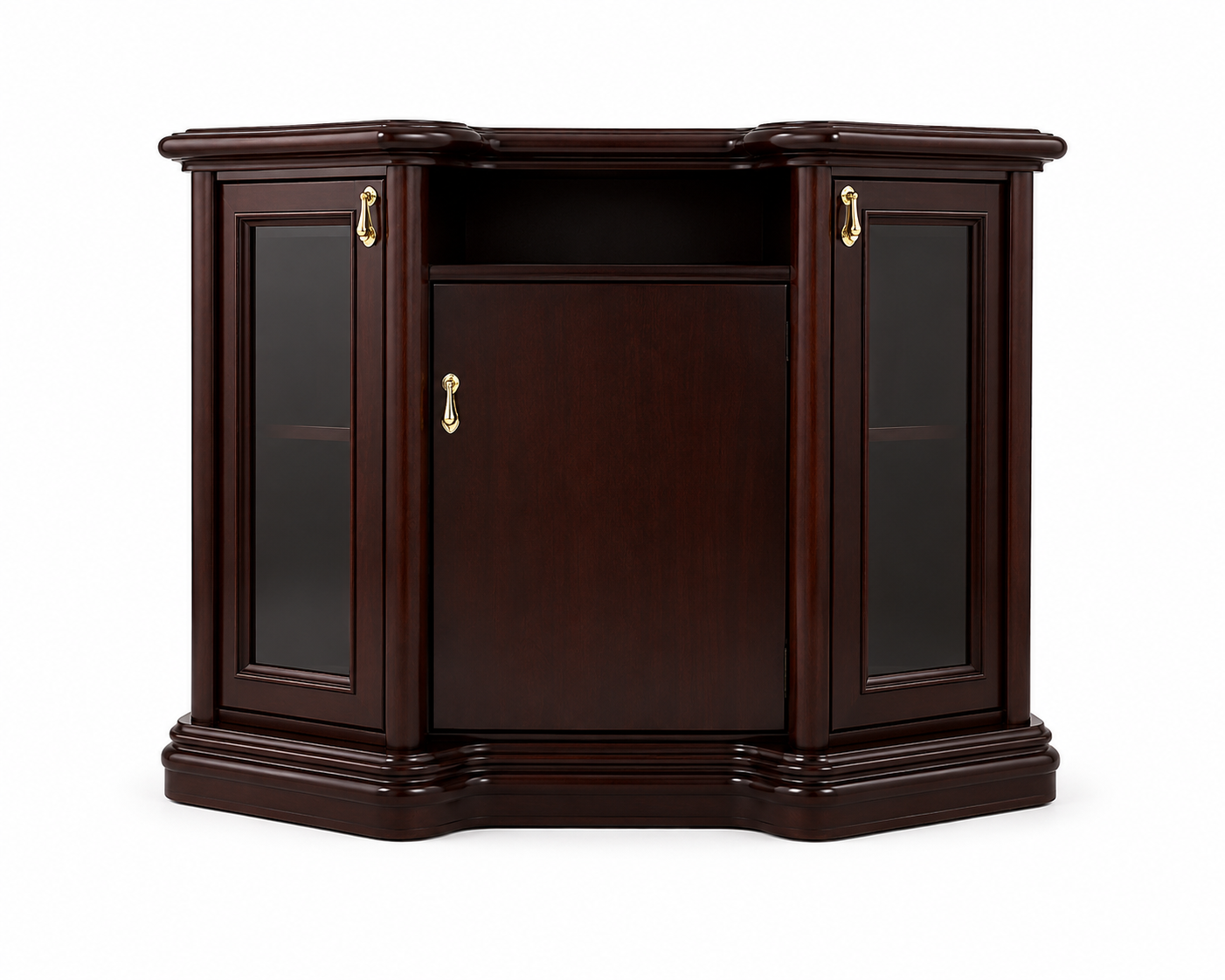 Mobile angolare per TV in legno scuro con ante laterali in vetro e maniglie in ottone.