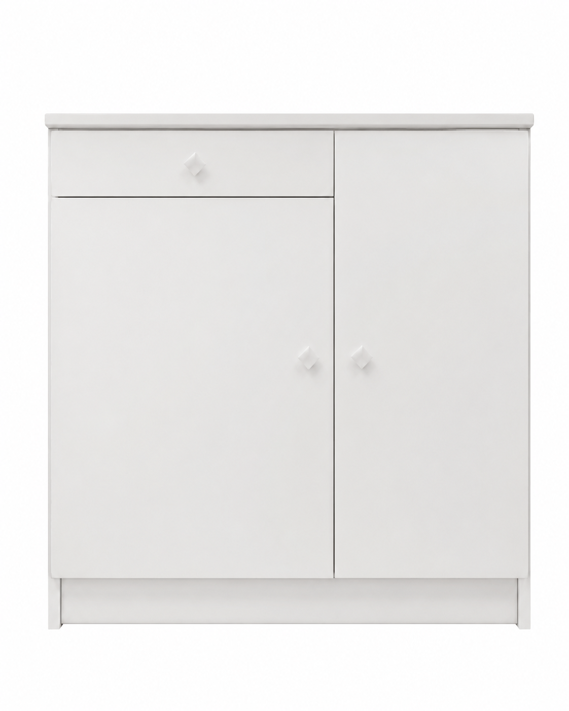 Mobiletto bianco a due ante con cassetto superiore su sfondo bianco uniforme.