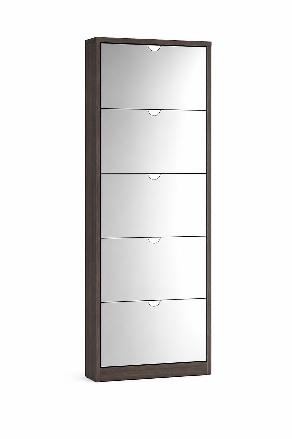 Cassettiera alta a 5 cassetti con struttura in legno scuro, di colore bianco, su uno sfondo bianco uniforme.