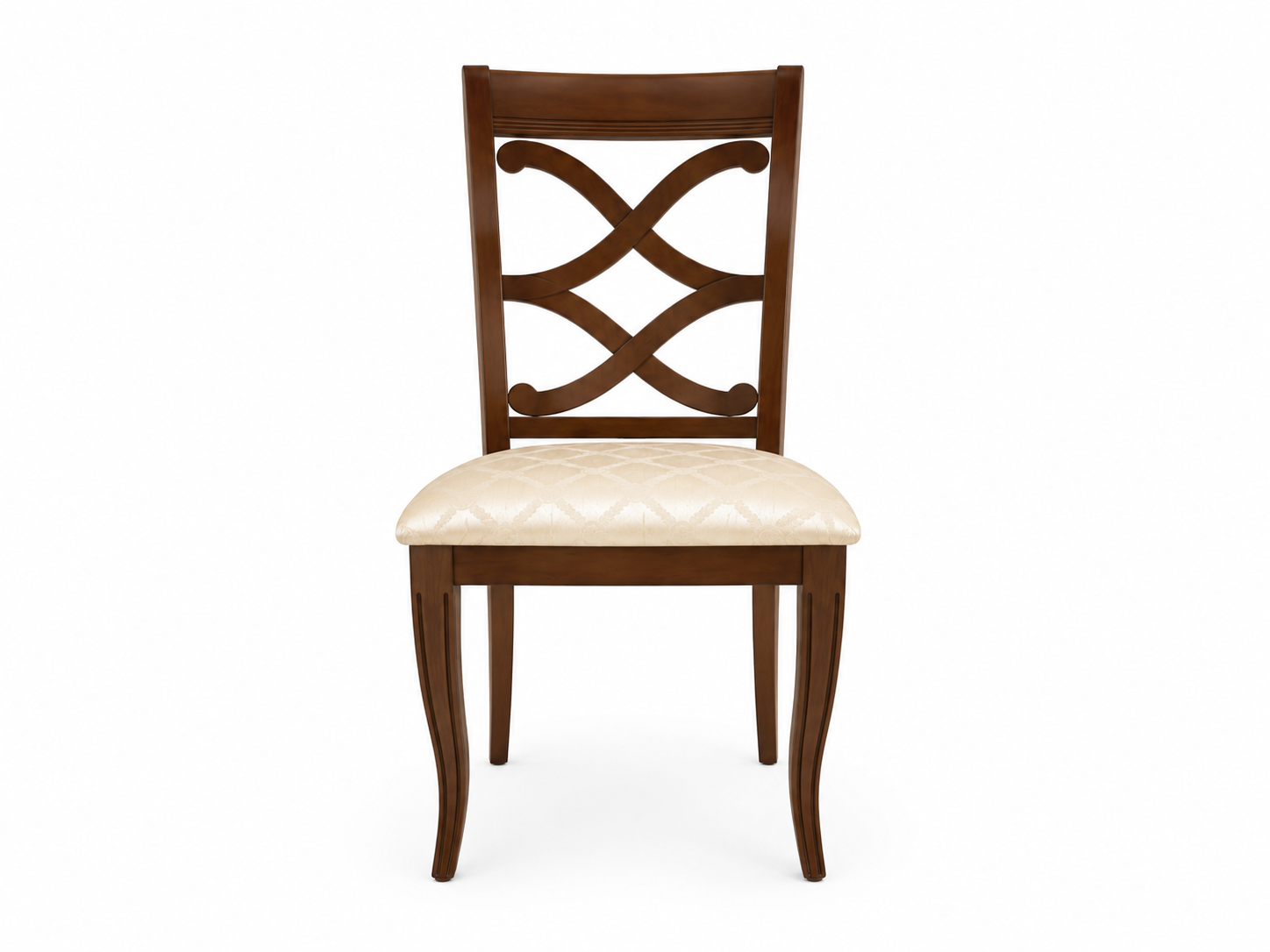 Sedia da pranzo in legno con seduta imbottita beige e schienale intagliato su sfondo bianco.