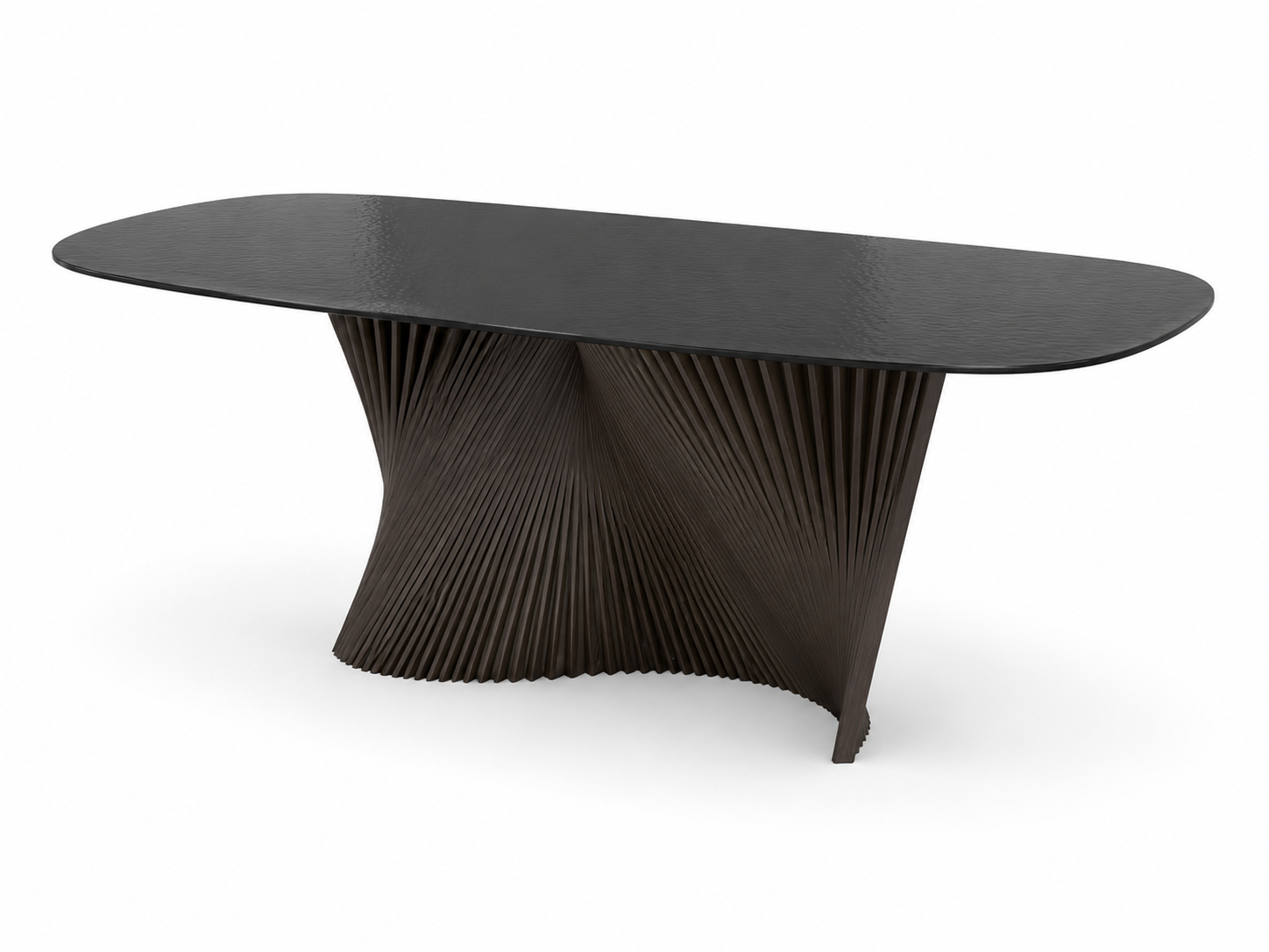 Tavolo da pranzo scultoreo in legno scuro con base a piedistallo ritorta e piano ovale.