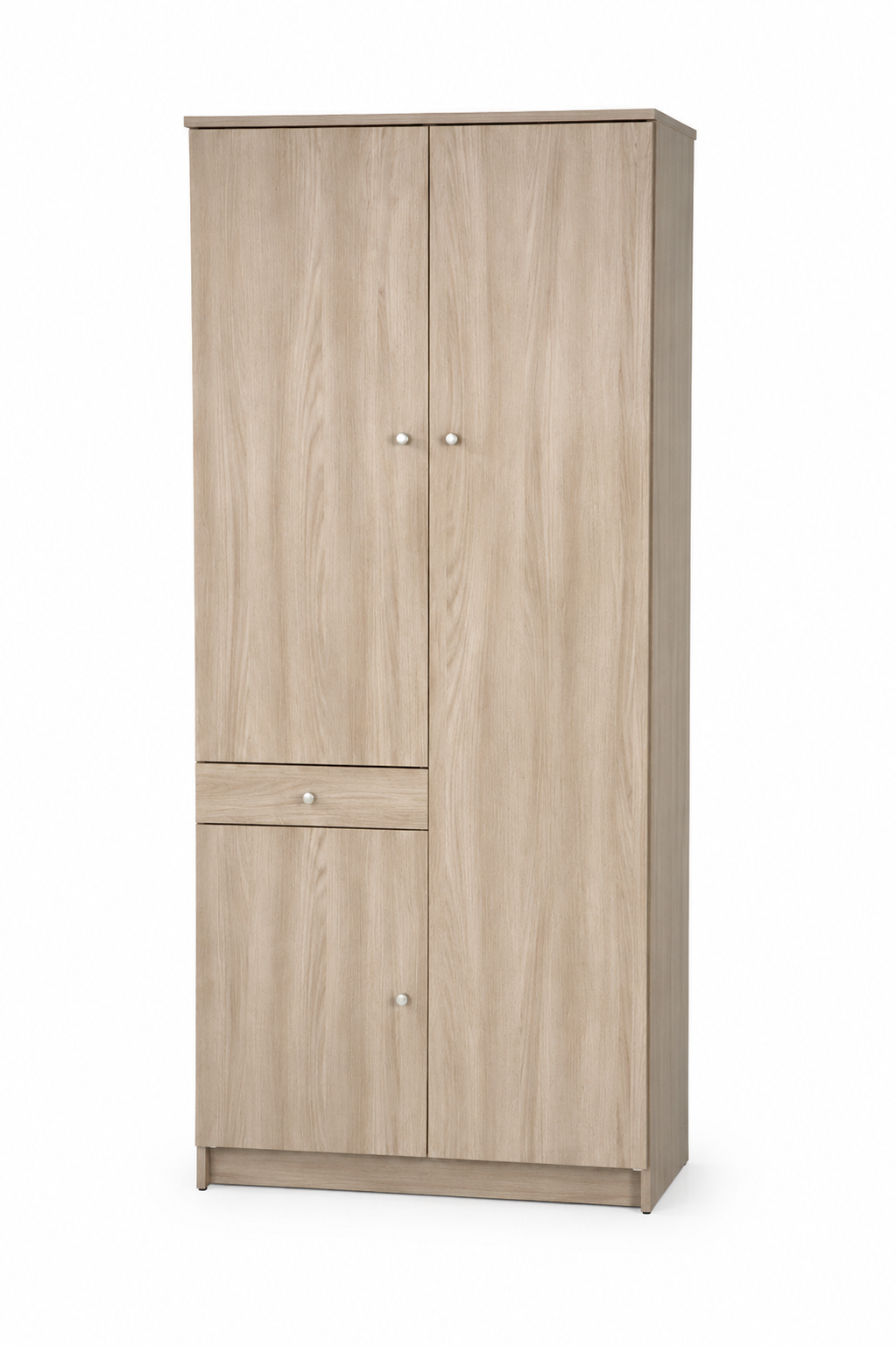 Armadio a due ante in legno chiaro con un piccolo cassetto inferiore su sfondo bianco.