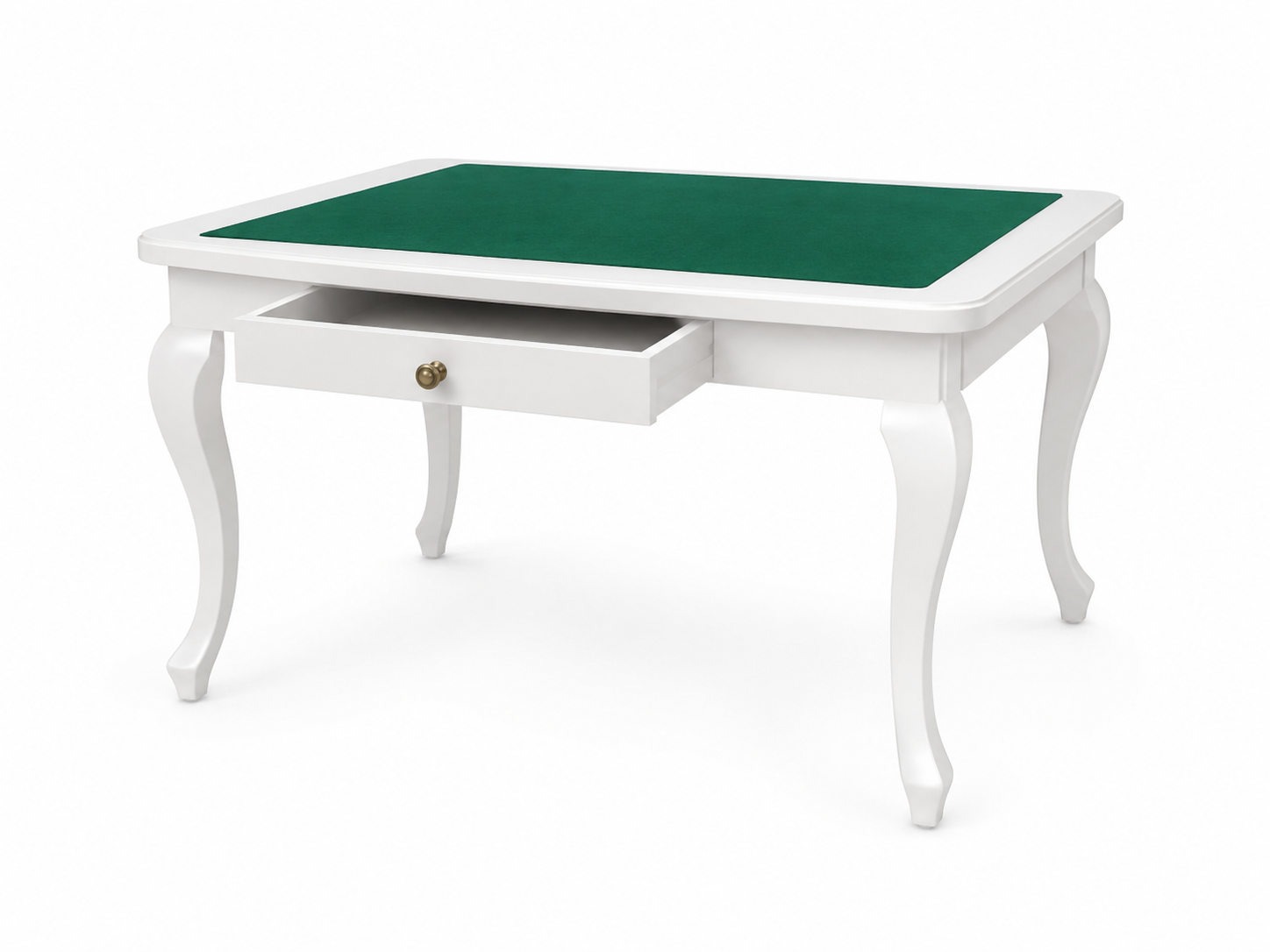Tavolo da biliardo bianco con panno verde e cassetto, isolato su sfondo bianco.