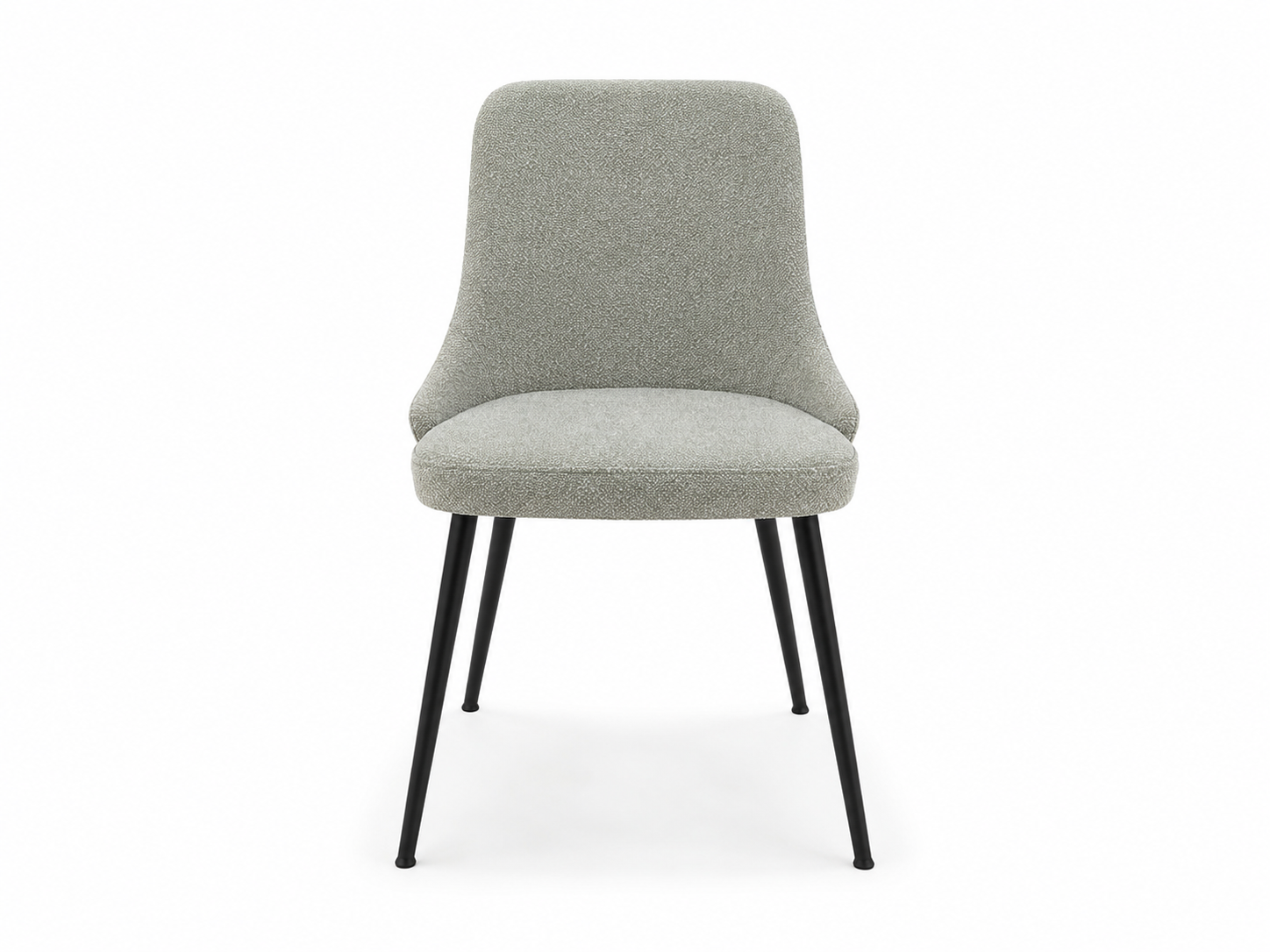 Sedia da pranzo imbottita grigia con gambe in metallo nero su sfondo bianco.