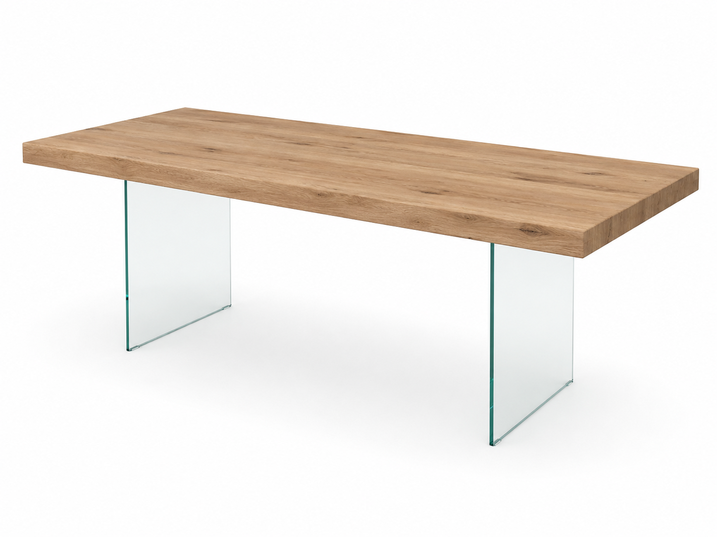 Piano del tavolo in legno con gambe in vetro trasparente su sfondo bianco.