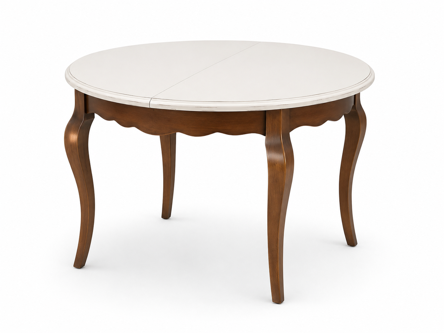 Tavolo ovale in legno con piano bianco e gambe curve su sfondo bianco.