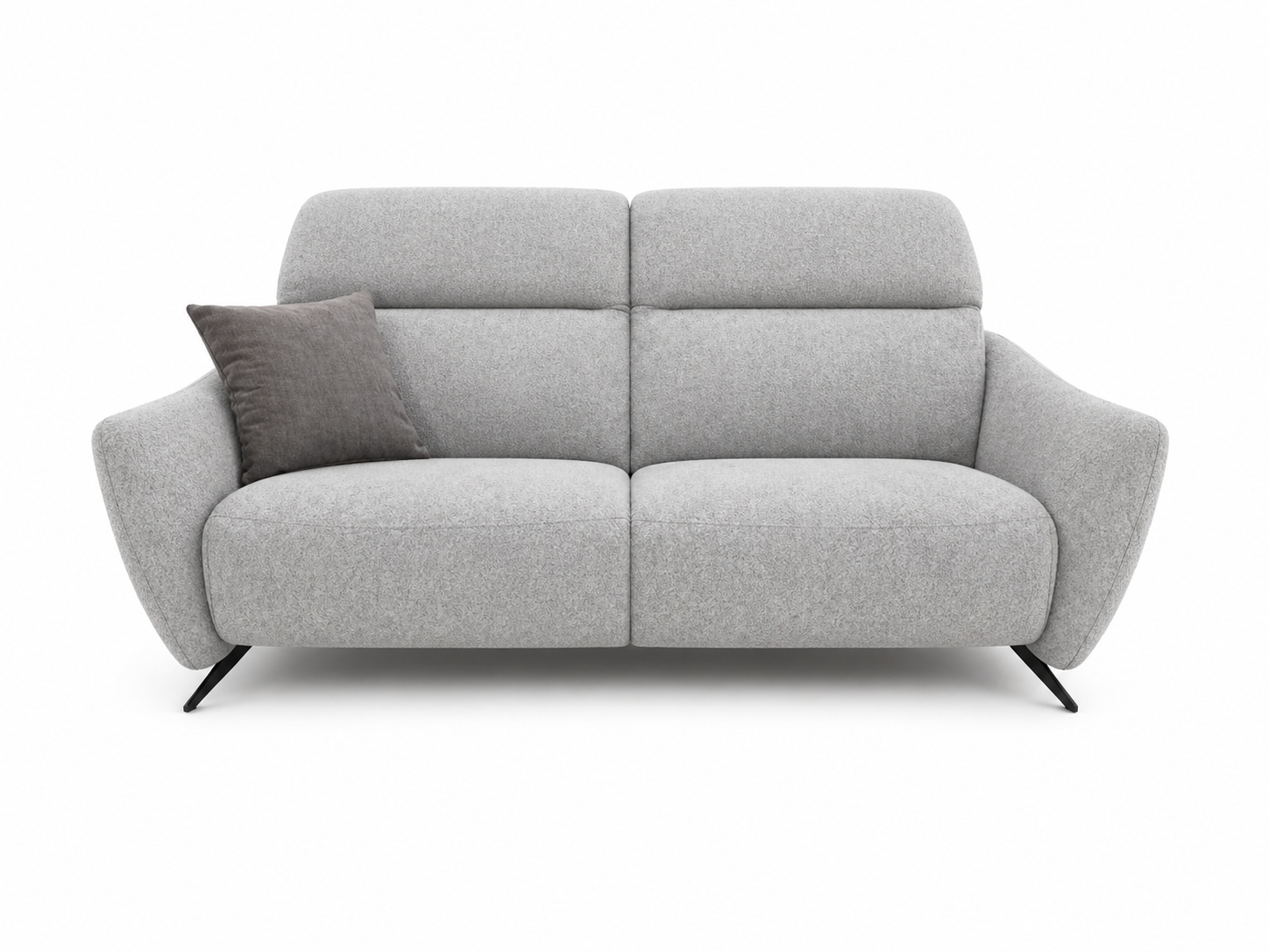 Divano moderno grigio chiaro con cuscino decorativo grigio scuro e gambe nere angolate su sfondo bianco.