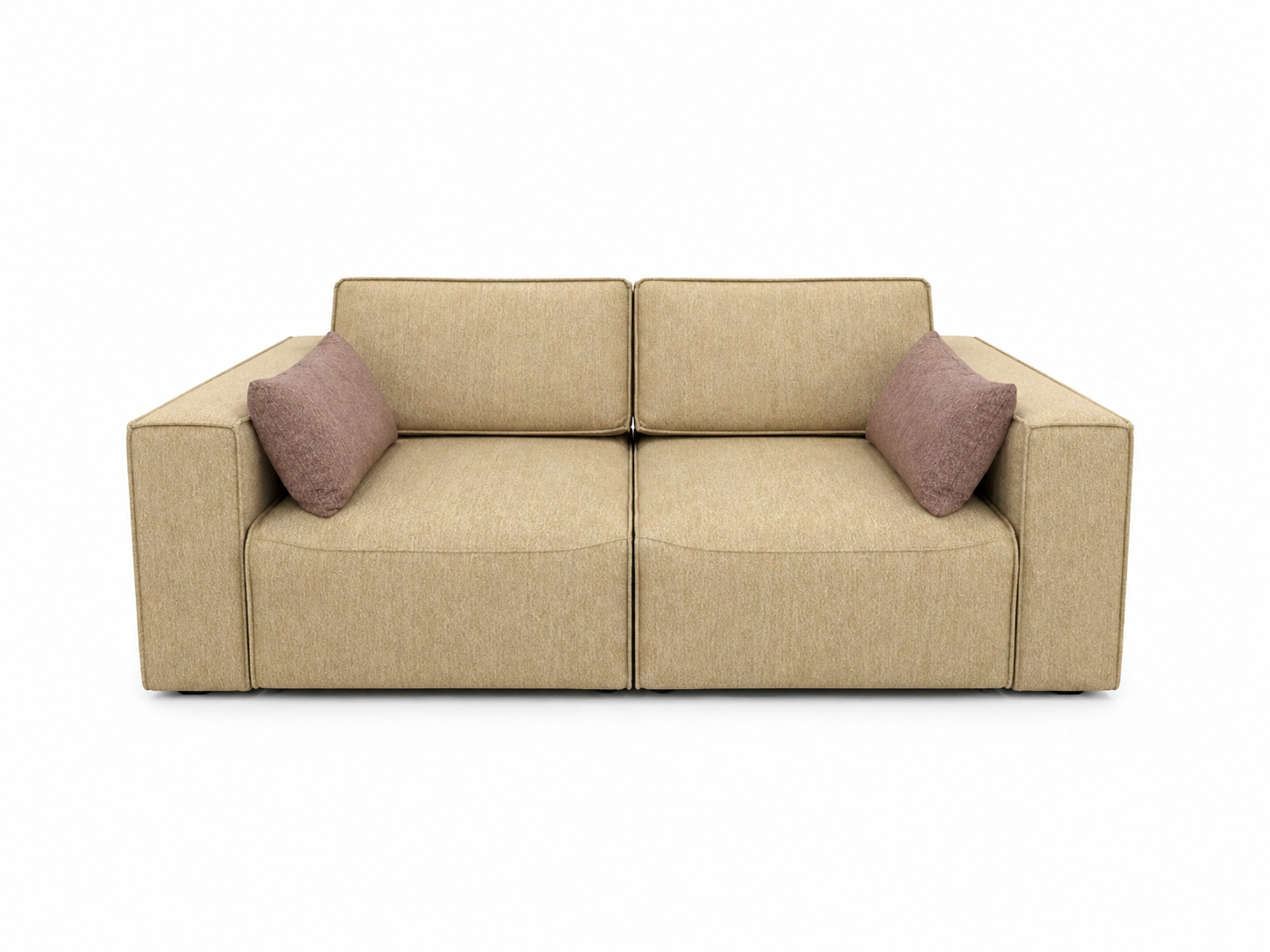 Divano a due posti beige con due cuscini decorativi color malva su sfondo bianco.