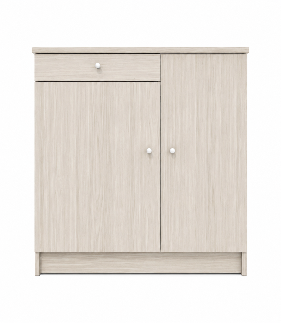Mobiletto in legno chiaro con due ante e un piccolo cassetto superiore, vista frontale