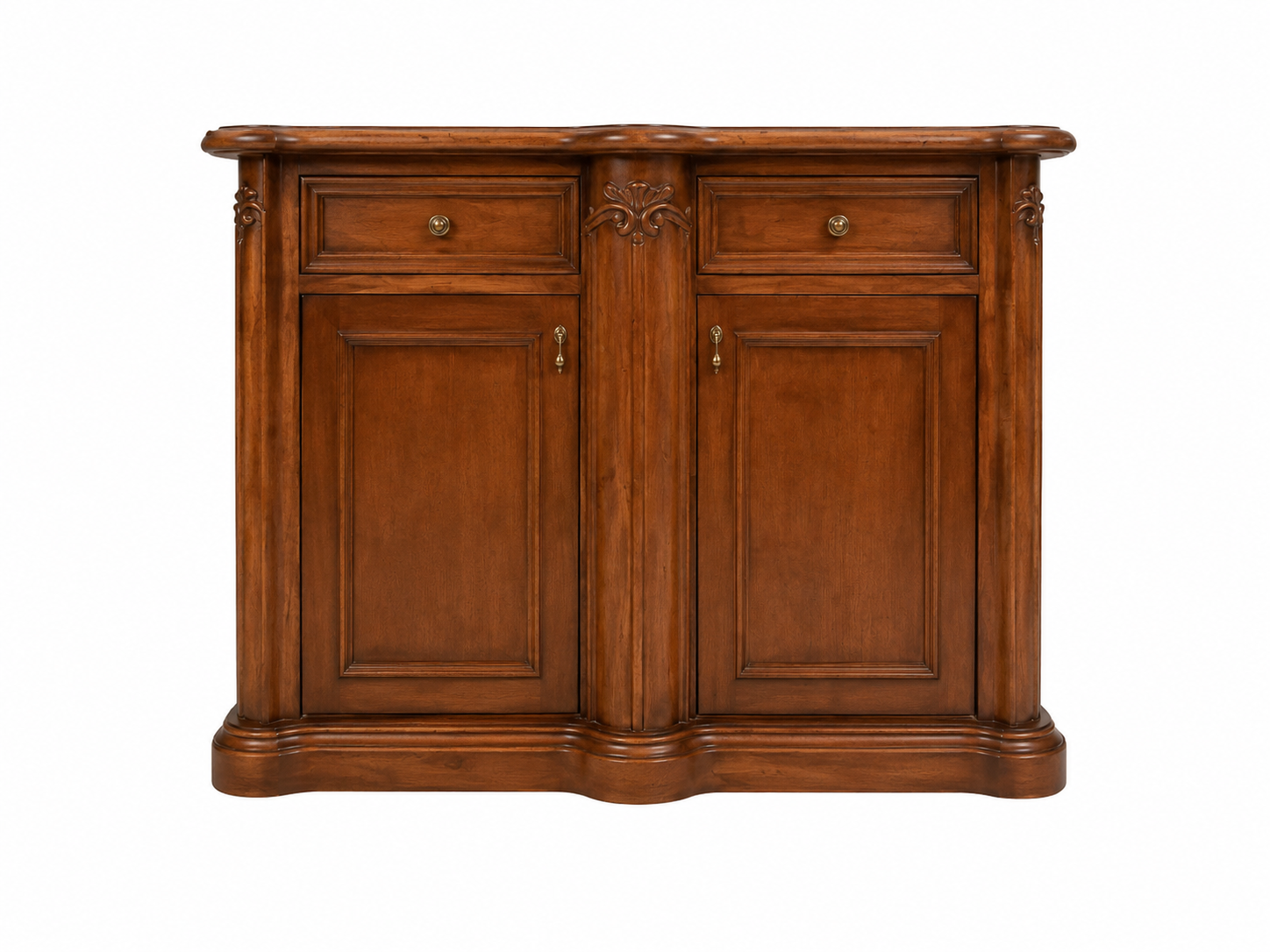 Credenza in legno marrone con due cassetti e due ante a pannelli.