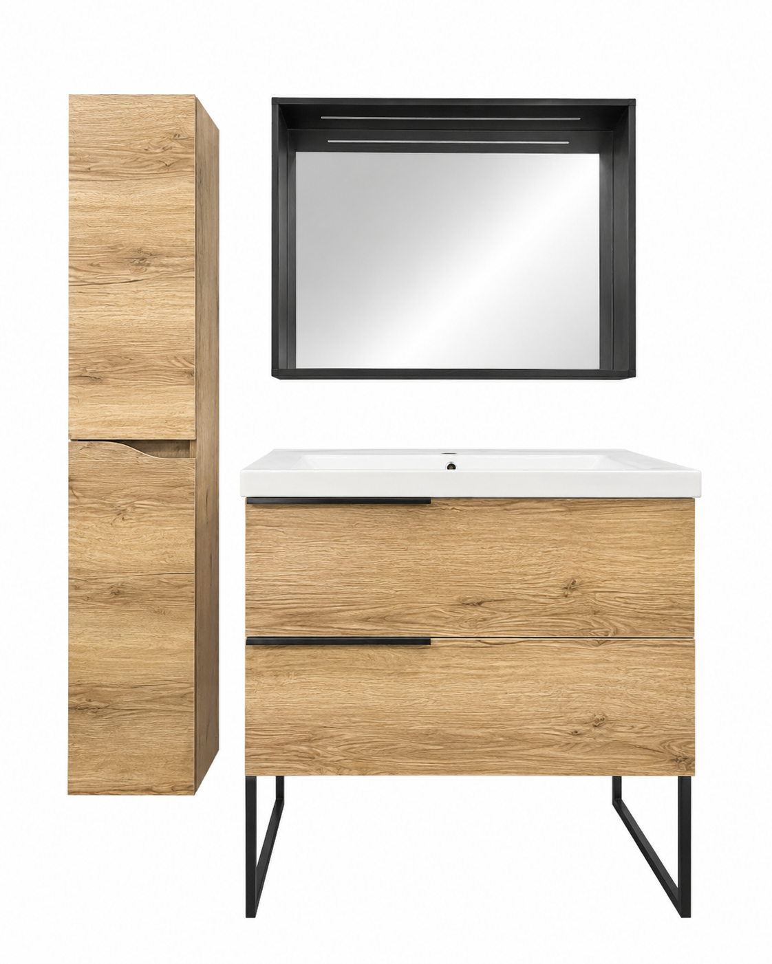 Mobile bagno moderno con mobiletto in legno, lavabo bianco, specchio nero e gambe in metallo nero.