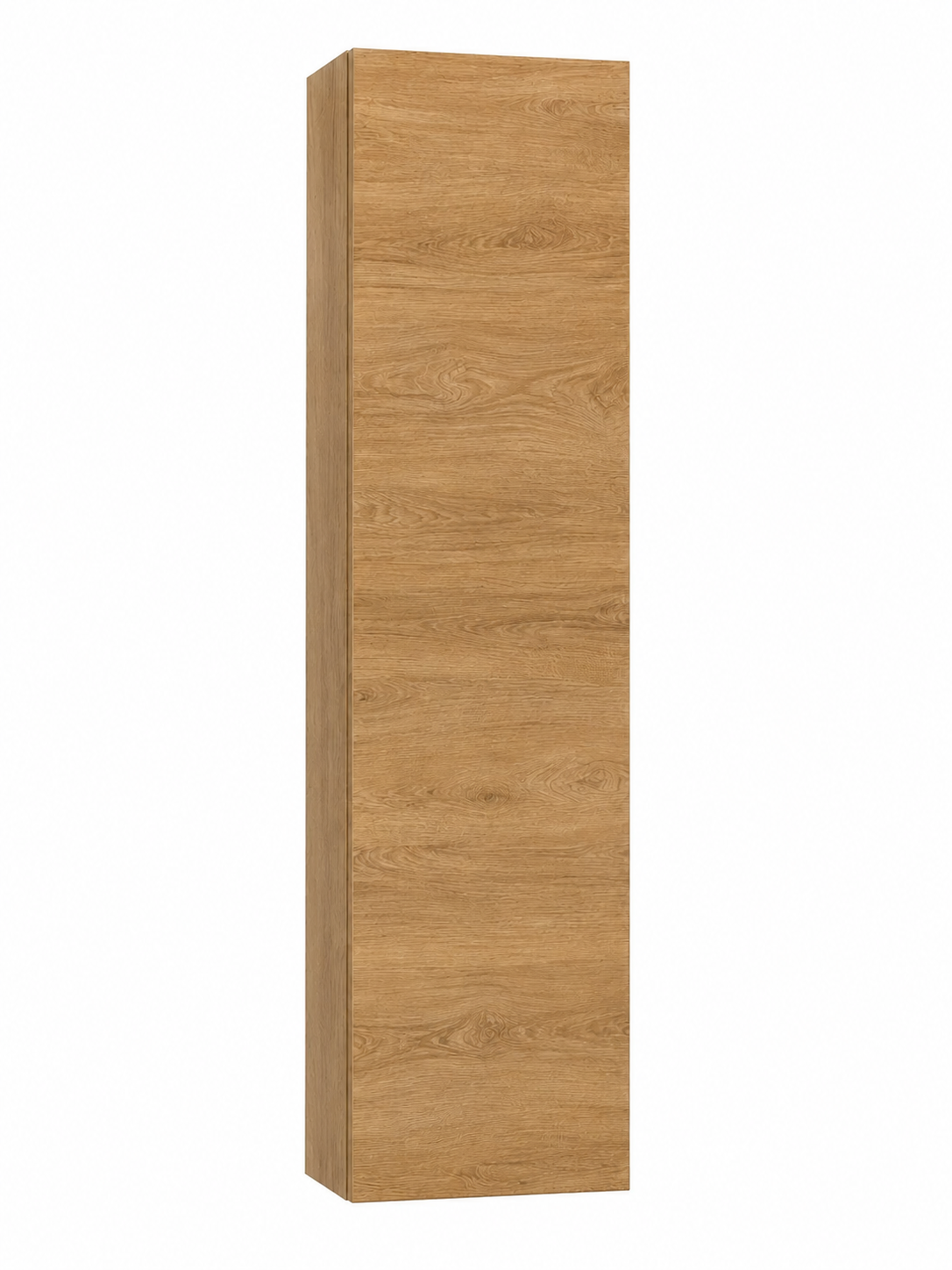 Mobile alto rettangolare in legno con finitura naturale su sfondo bianco.