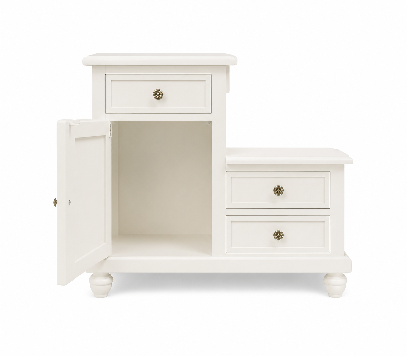Mobiletto in legno bianco con anta aperta e due cassetti su sfondo bianco.