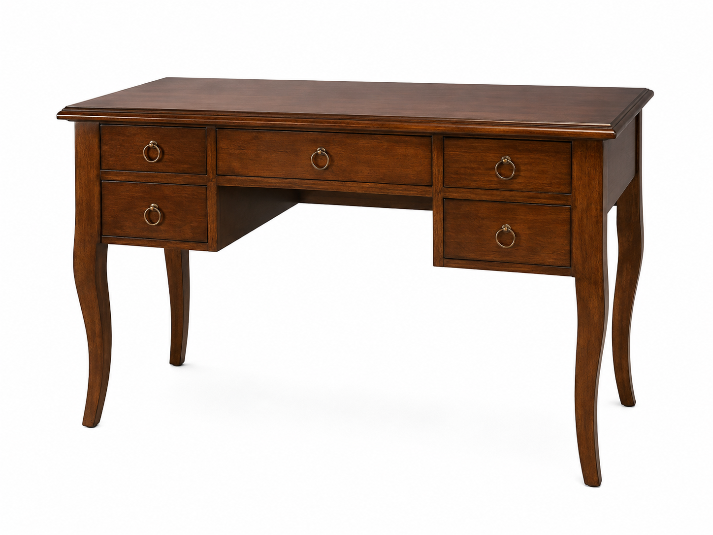 Scrivania antica in legno con gambe curve e cassetti su sfondo bianco.