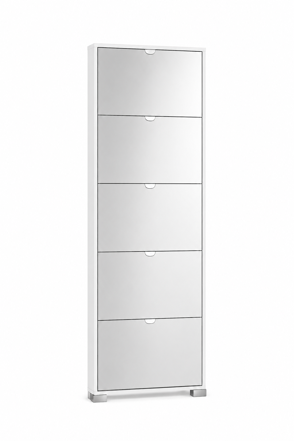 Mobile schedario verticale bianco a cinque cassetti su sfondo neutro.