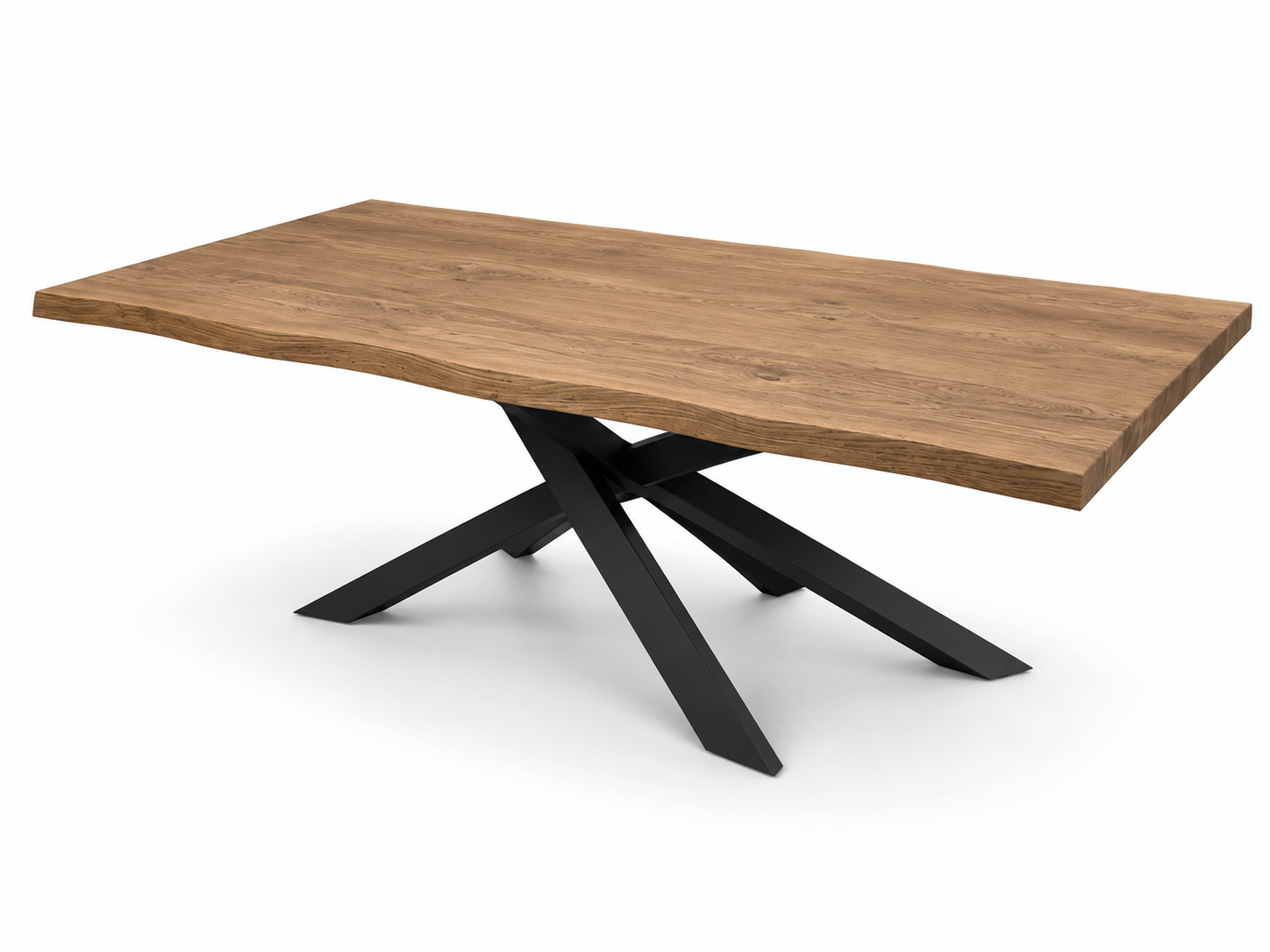 Tavolo da pranzo rettangolare in legno con base angolare in metallo nero su sfondo bianco.