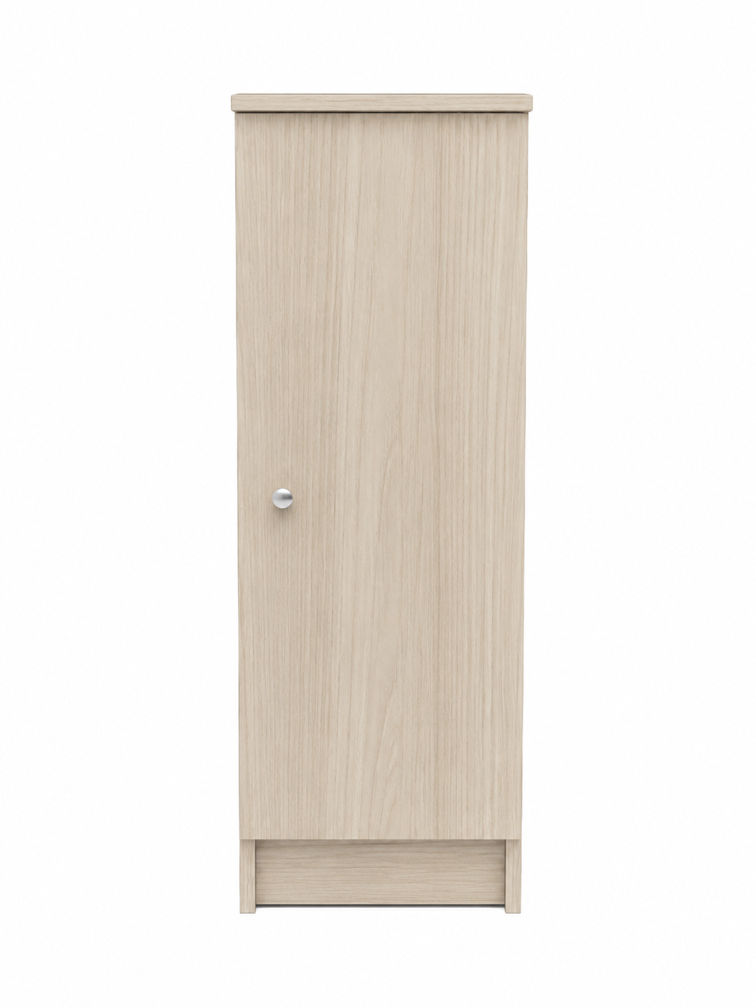 Mobile alto in legno chiaro con un'unica anta e una piccola maniglia.