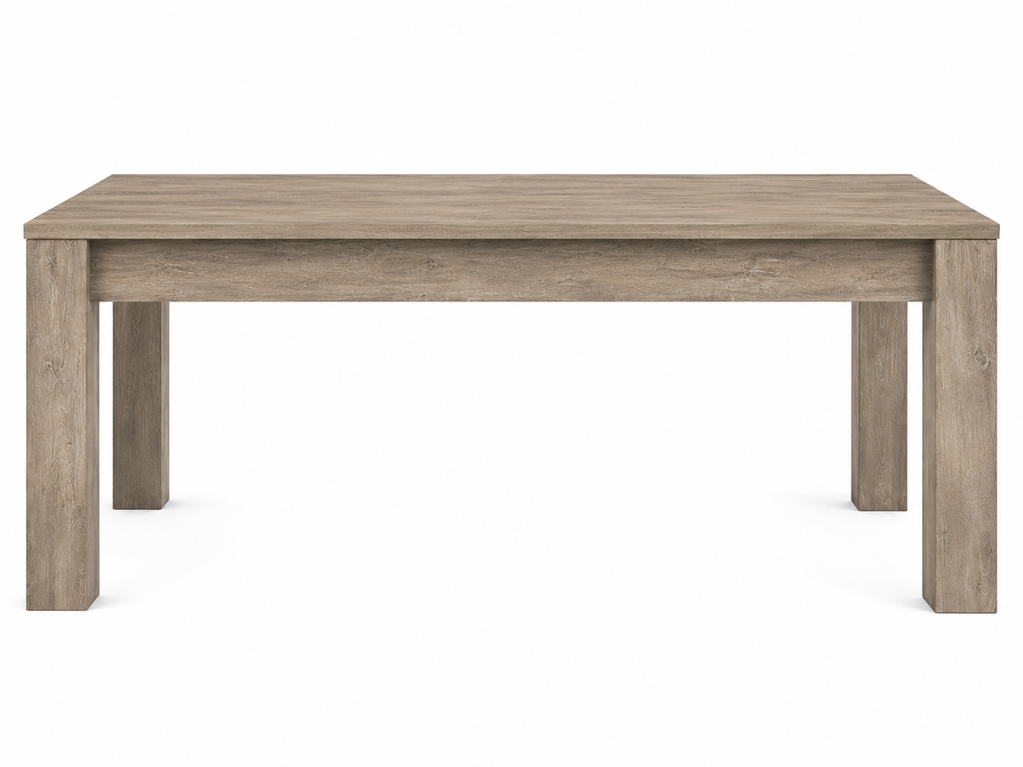 Tavolo da pranzo rettangolare in legno chiaro su sfondo bianco.