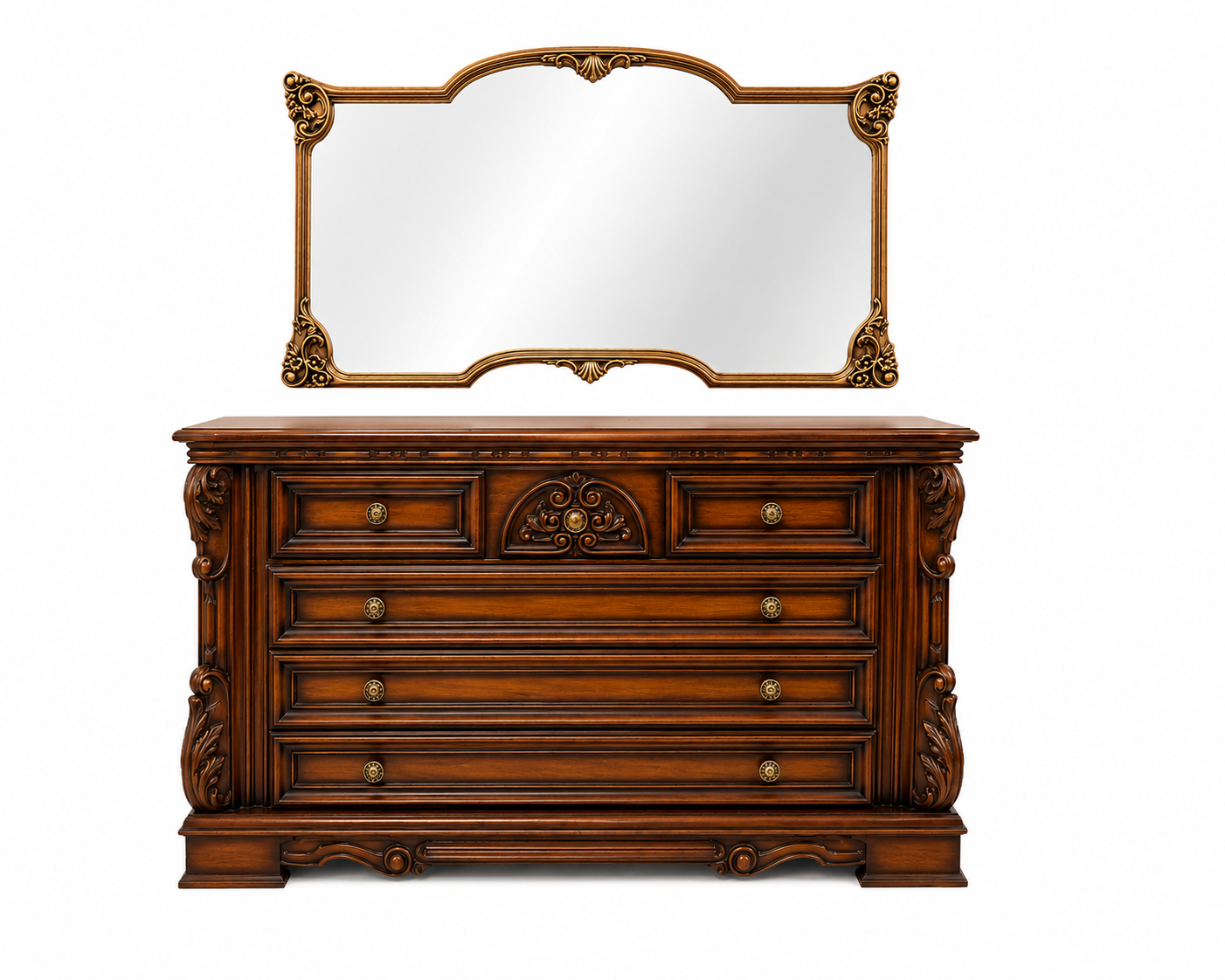Elegante cassettiera in legno con grande specchio incorniciato.