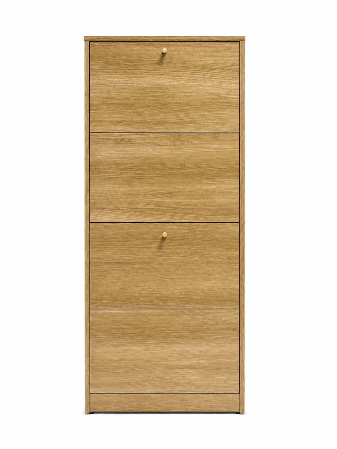 Mobiletto in legno a due cassetti con finitura rovere chiaro e piccoli pomelli, centrato su sfondo bianco.
