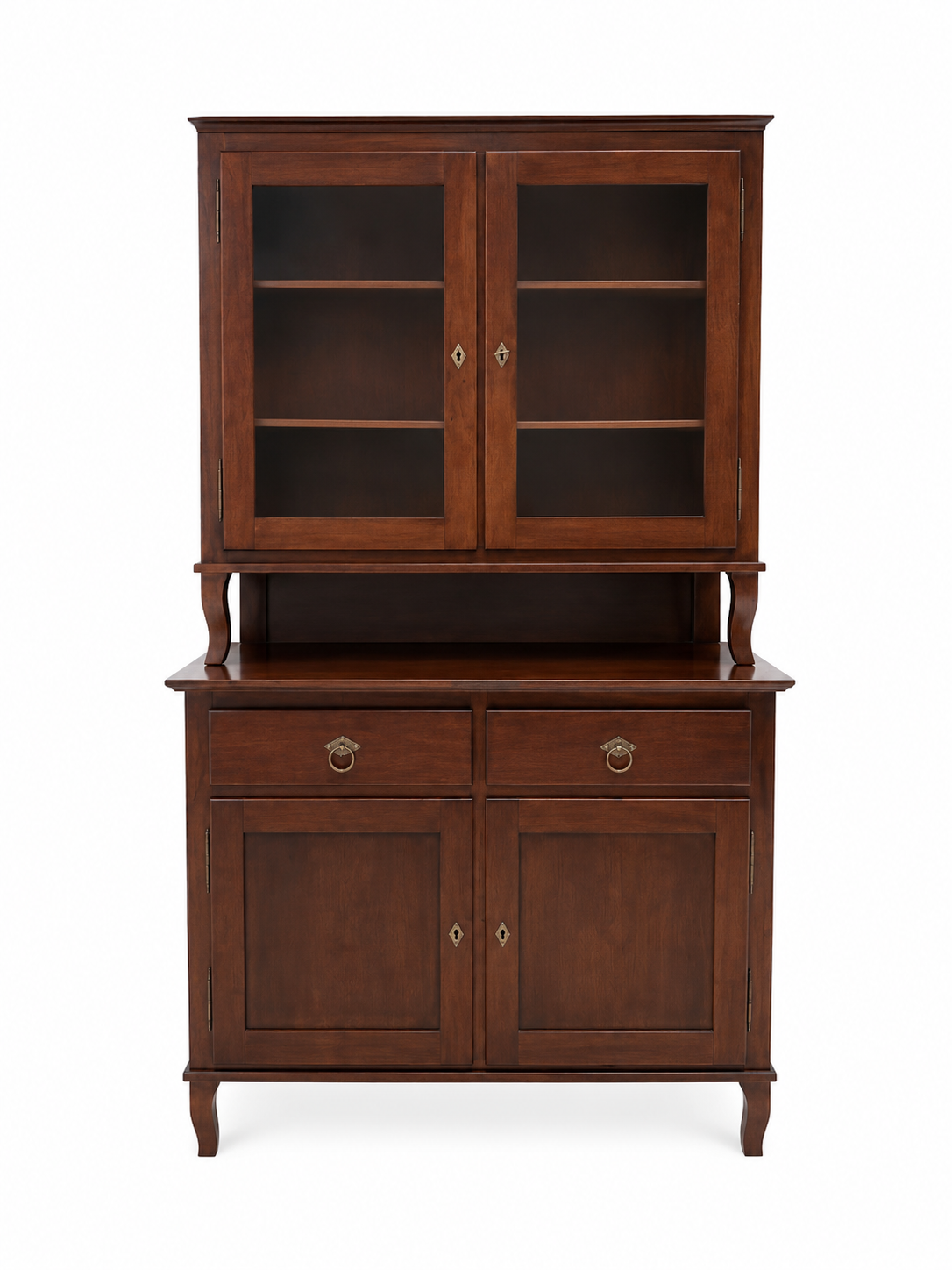 Credenza in legno con ante in vetro e cassetti inferiori su sfondo bianco.