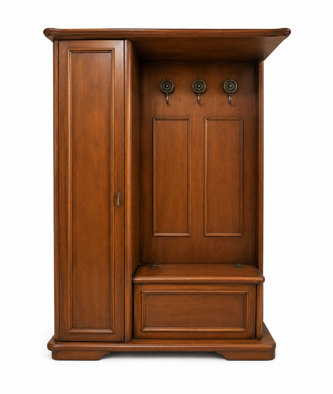 Appendiabiti in legno con specchio, ganci appendiabiti, vano portaombrelli e panca contenitore.
