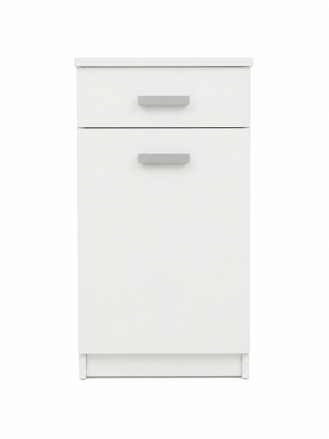 Mobile da cucina bianco con due maniglie grigie e un cassetto nella parte superiore, mostrato su uno sfondo bianco uniforme.
