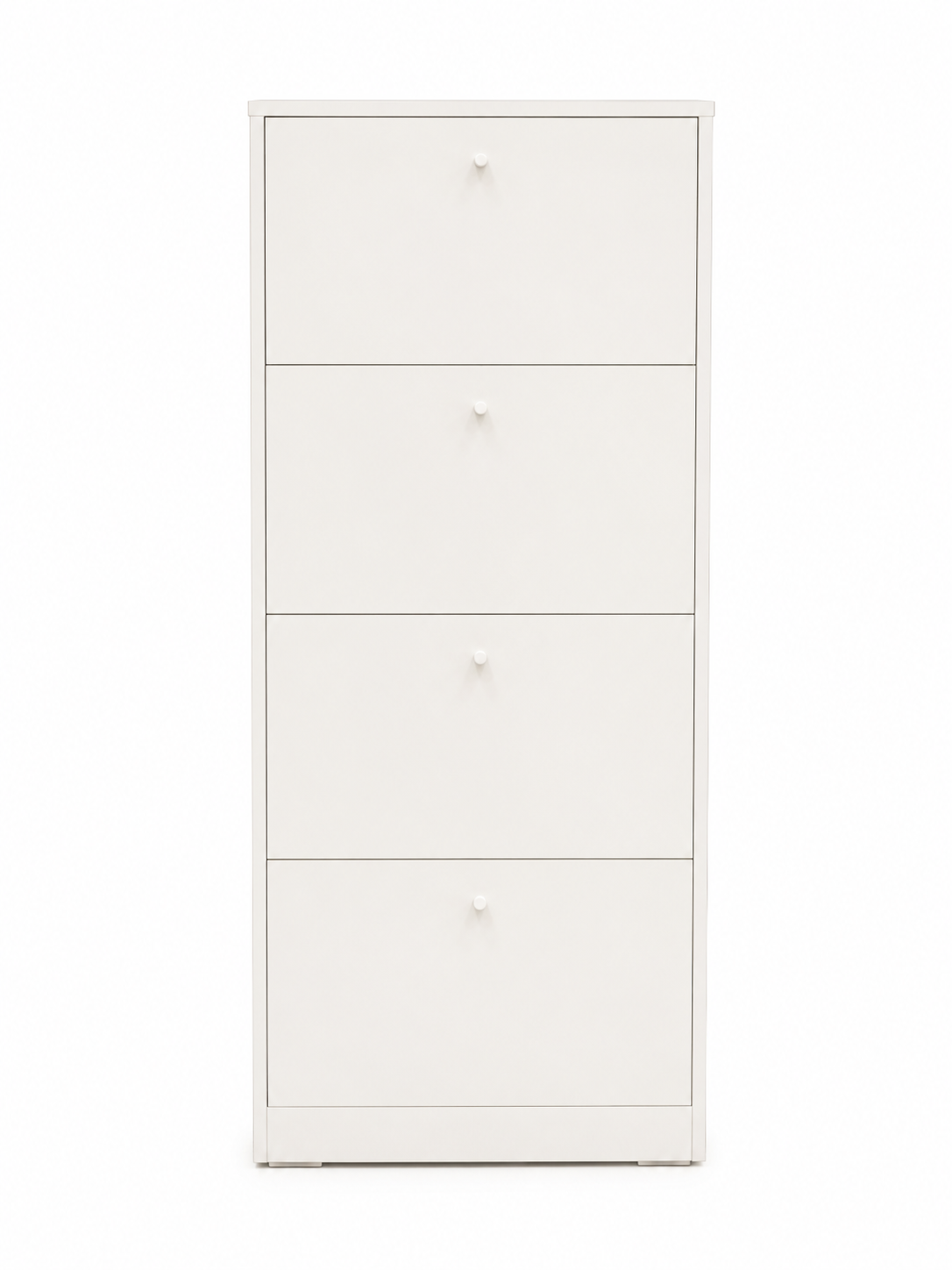 Mobile alto bianco a quattro cassetti dal design minimalista su sfondo neutro.