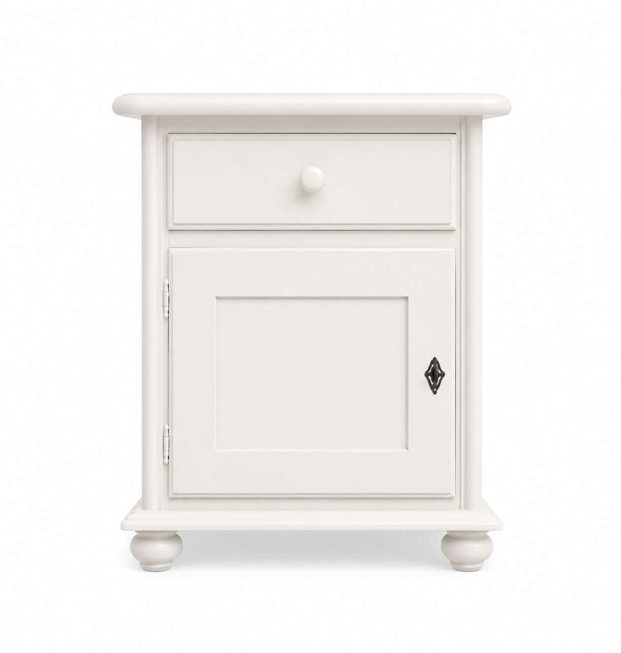 Comodino in legno bianco con cassetto, anta e piedini rotondi.