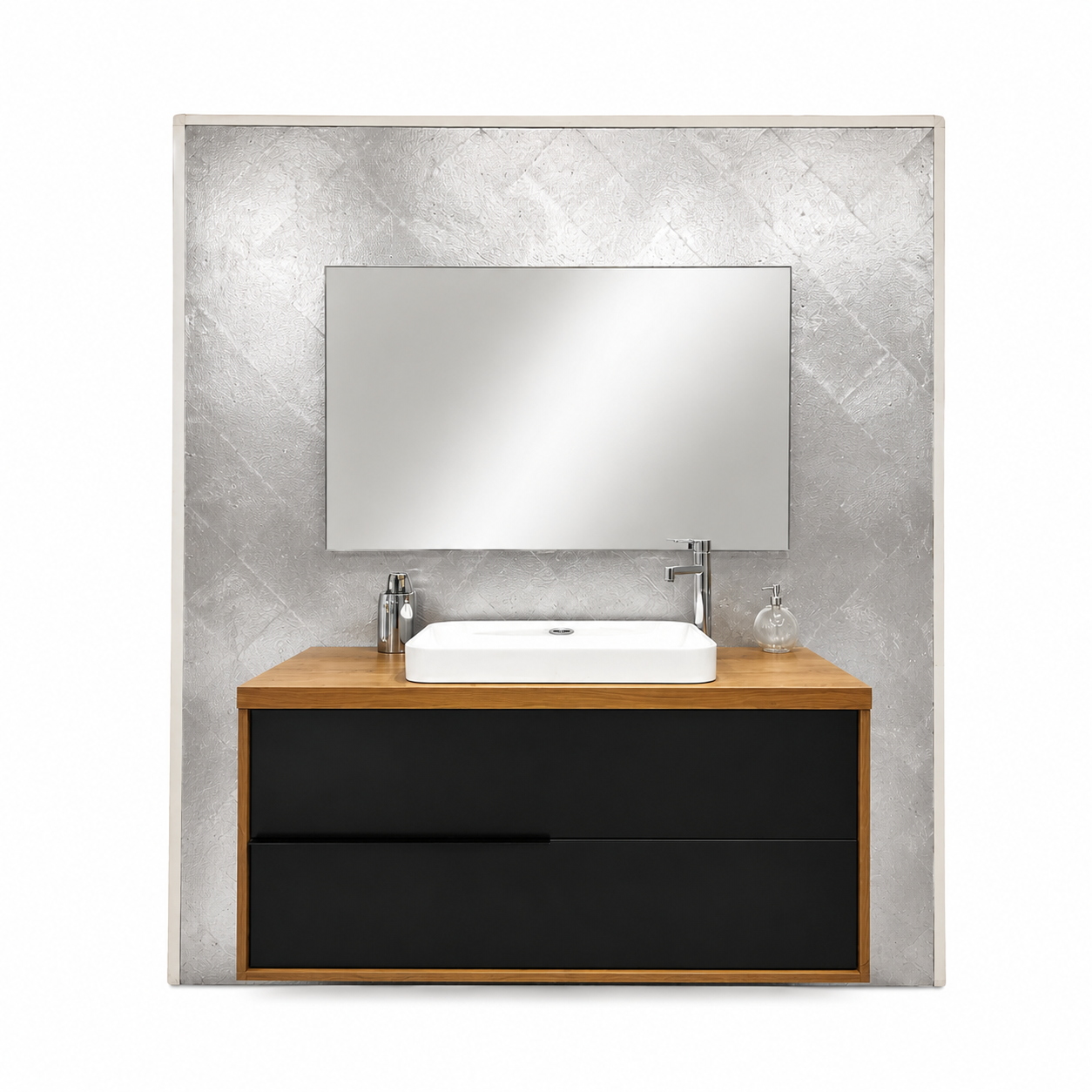 Mobile bagno moderno con ante nere, piano in legno, lavabo bianco e grande specchio