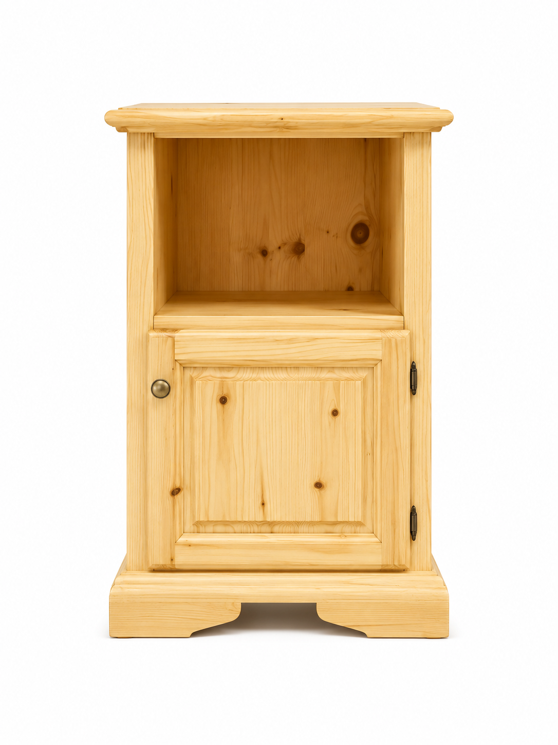 Piccolo comodino o mobiletto in legno con ripiano aperto e anta chiusa, centrato su sfondo bianco.