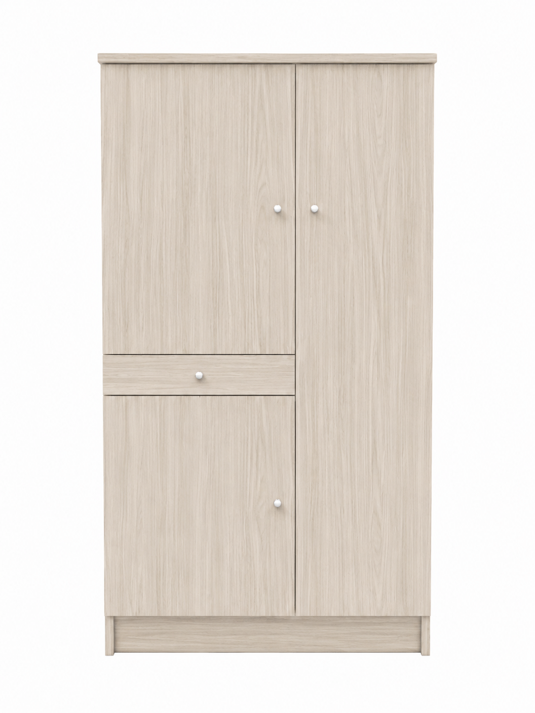 Armadio in legno chiaro con due ante, un piccolo cassetto e un mobiletto inferiore su sfondo bianco.
