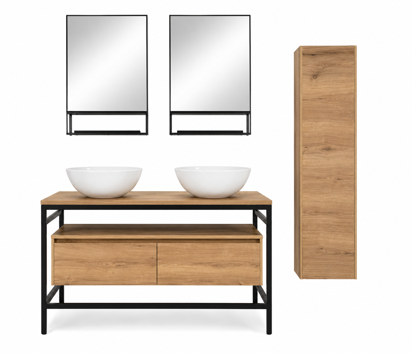 Mobile bagno moderno con mobile in legno e metallo nero, due lavabi e specchiere abbinate.