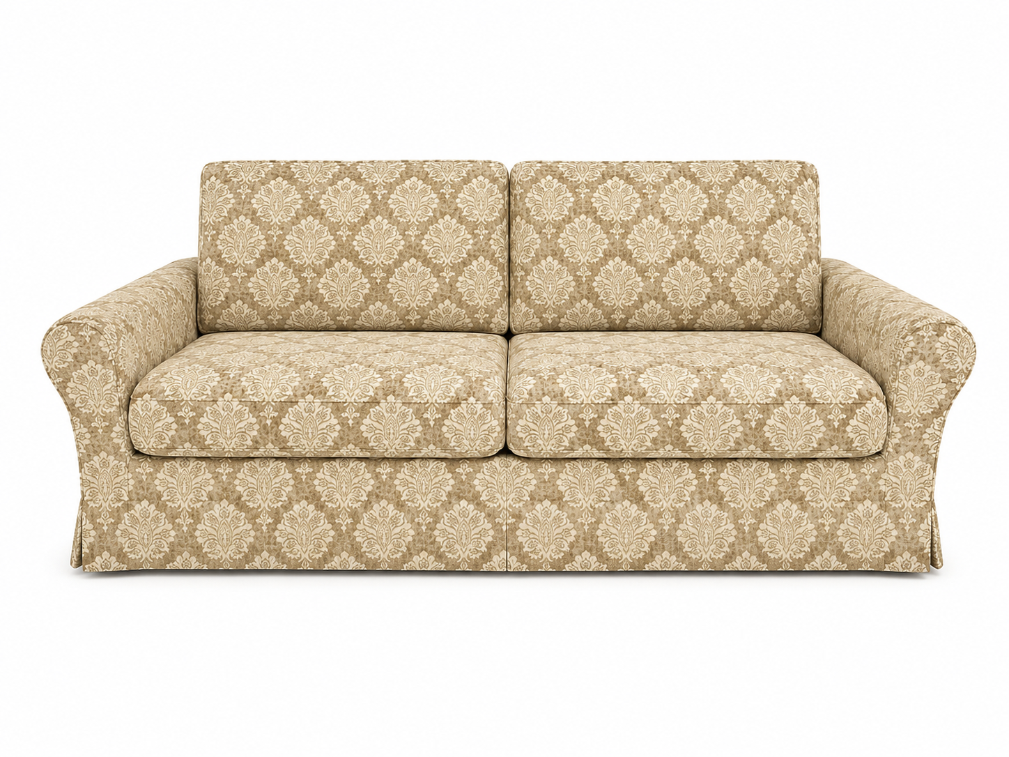 Divano a due posti beige con fantasia, braccioli arrotondati e cuscini su sfondo bianco.