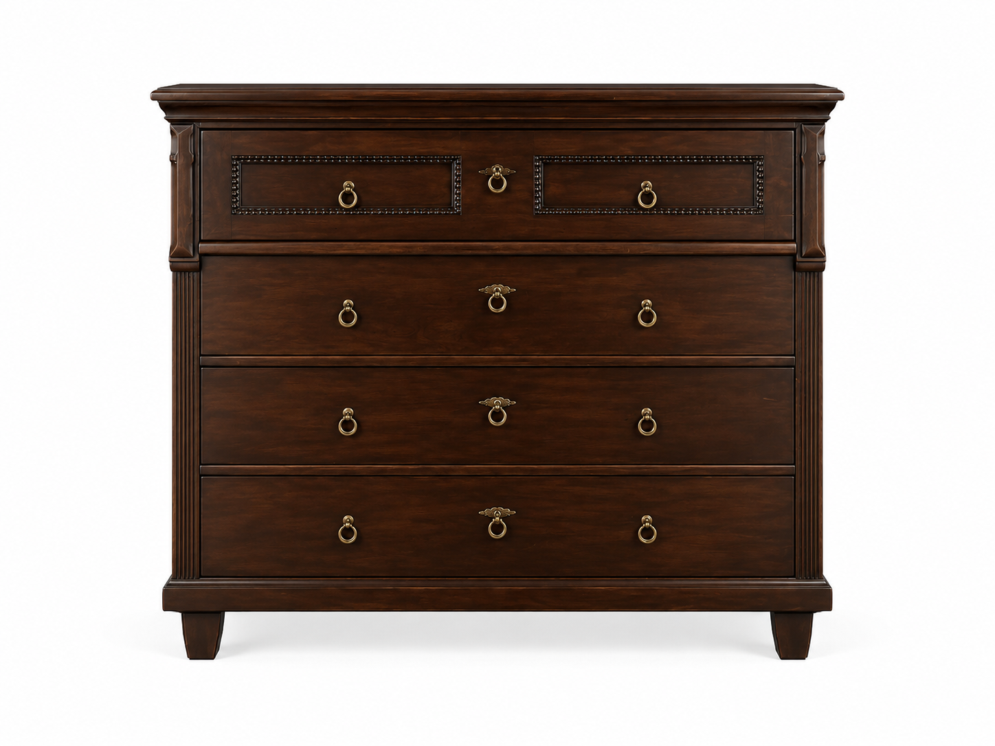 Cassettiera in legno scuro in stile antico con cassetti multipli e maniglie in ottone.