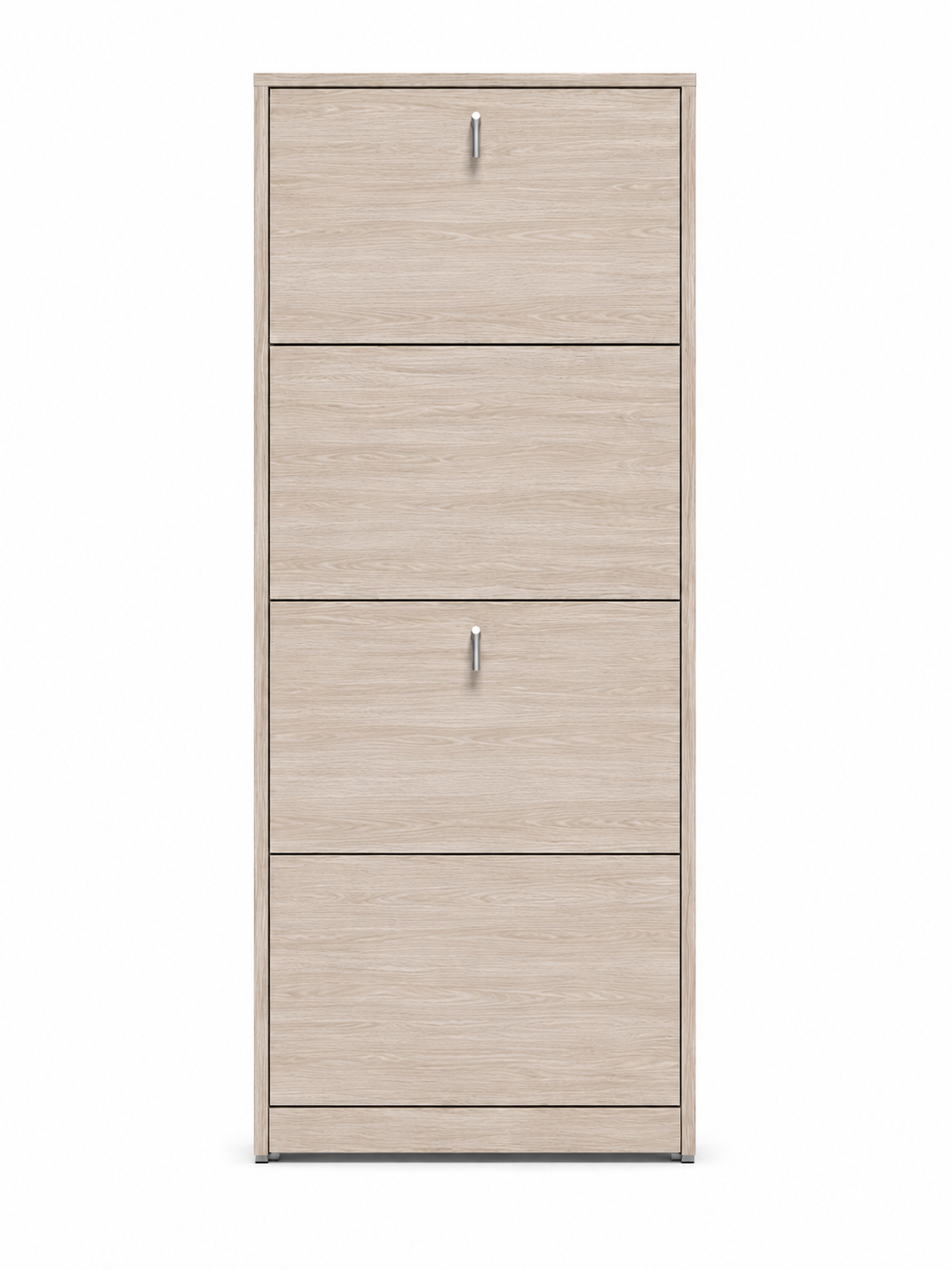 Mobile alto in legno chiaro con quattro pannelli frontali e piccole maniglie verticali.
