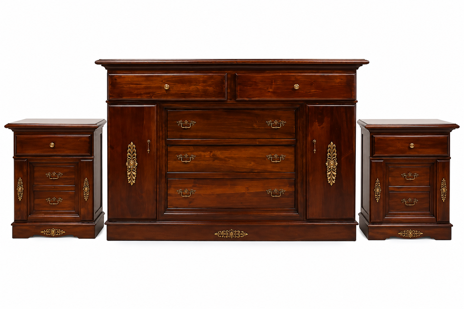Cassettiera in legno scuro con due comodini abbinati su sfondo bianco.